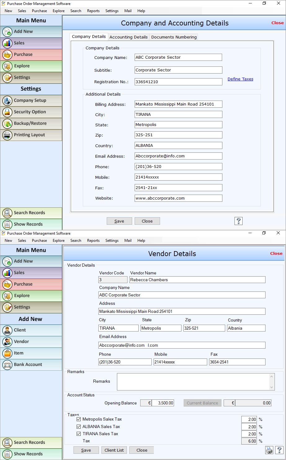 Purchase order tracking application record sale purchase inventory information